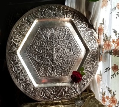 Repousse Tree Art Plaque by John-Richard, Handmade in India, 23'' Round Metal