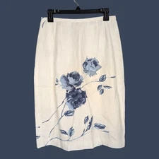 RICKIE FREEMAN for Teri Jon Linen Floral Lined Pencil Skirt Ivory Blue - Size 8