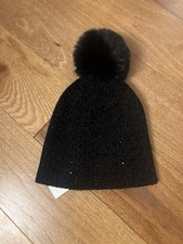 Black Knit Beanie Hat with Faux Fur Pom Pom and Beaded Accents for Women