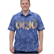 Vintage Mens Hawaiian Shirt Size Large Blue Flowers Surf Boards Luau Tropical