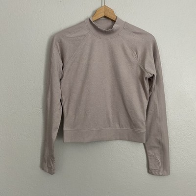 Old Navy Cozycore Cropped Top Women s S Taupe Mock Neck Rib-Paneled Thumbholes