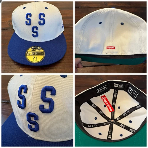 Chapeau ajusté Supreme Triple S New Era FW08 taille 7 1/8 blanc bleu royal NEUF