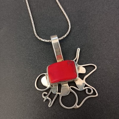 Modernist Coral Necklace Sterling Silver Bold Artisan Statement Taxco Freeform
