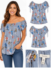 Maurices M Floral Off Shoulder Top Blue Grommet Tie