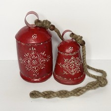 Rustic Hand Painted Metal Cow Bell Set/2 With Jute Rope Red White