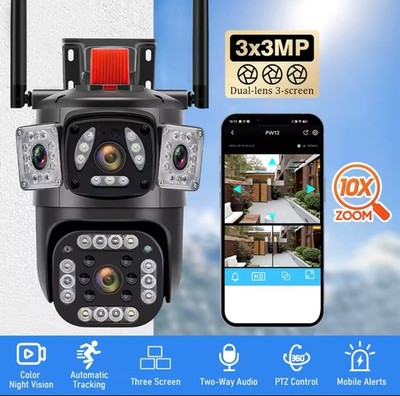 WiFi 360° 10X Zoom 3 Lens 3 Screens Security Camera System Outdoor W/ 32G Card