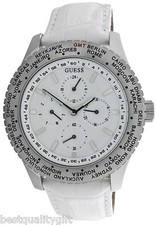GUESS WHITE CROC LEATHER+SILVER TONE CHRONO INTERNATIONAL,WORLD WATCH W12082G2