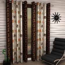 Floral 2 Piece Eyelet Polyester Window Curtain Set - 5ft, Brown