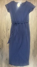 Qearal Women's Elastic Waist Slit Long Belted Maxi Dress Blue Size Medium