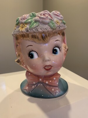 Lefton Miss Cutie Pie Pink Head Vase Planter Flower Japan - Hard To Find