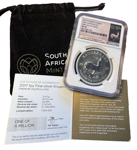 2017 SP70 South Africa Krugerrand 50th Anni. 1 oz Silver NGC with CoA and bag
