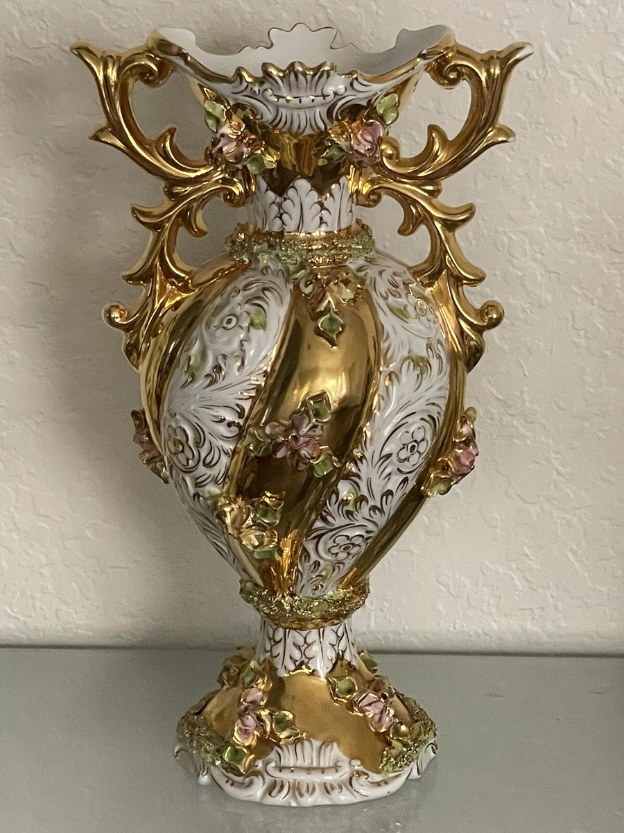 VTG Italian Rococo Two Handled Large Vase Gold/White Color Ceramic