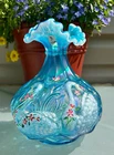 SCARCE Fenton**CELESTE BLUE IRIDESCENT HP SWAN/CATTAILS VASE** 1997...AMAZING!