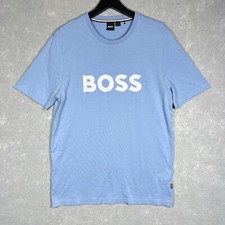 HUGO BOSS T-Shirt Men s XL Big Logo Jersey Cotton Rubber Logo Blue Asphalt