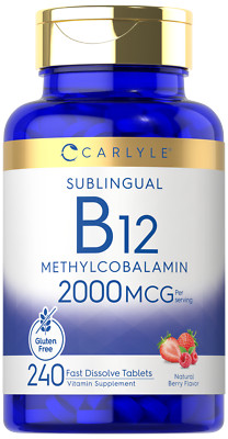 B12 Vitamin 2000mcg | 240 Dissolvable Tablets | Strawberry Flavor | by Carlyle