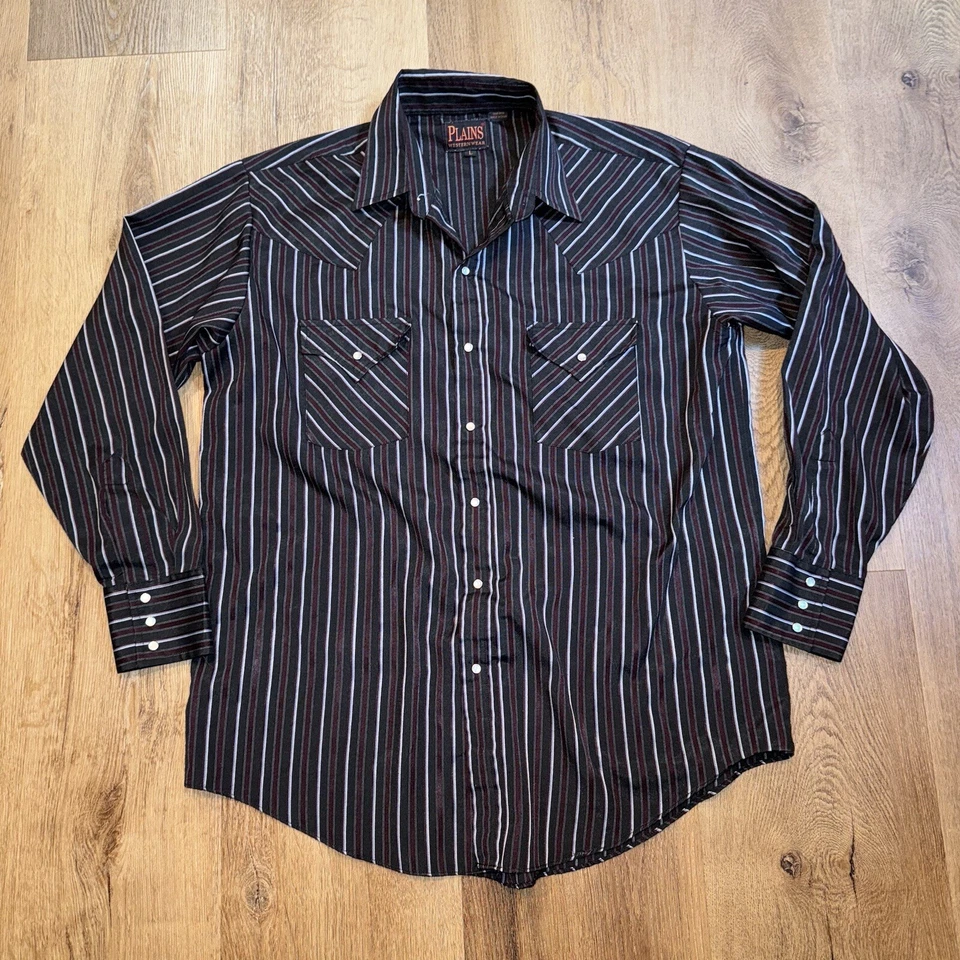 Vtg Pearl Snap Shirt Mens Ely Plains Western Cowboy Rodeo Black Striped Large - Image 4 of 4