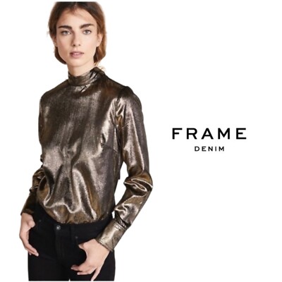 NEW FRAME Women s Gold Metallic High Neck Blouse Size Small