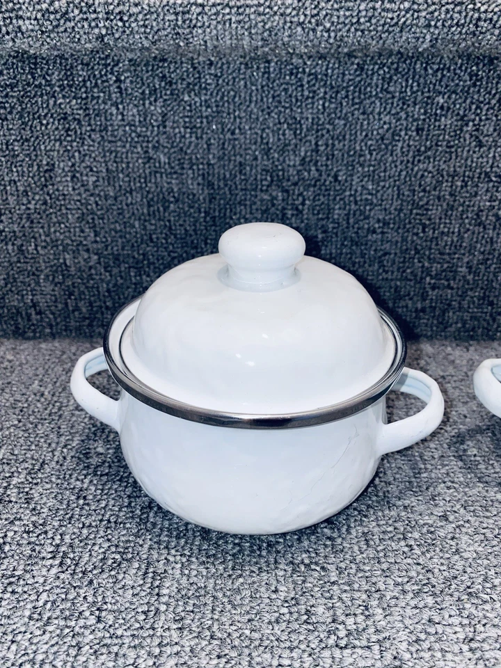 X4 Lote Conejo Dorado Blanco Set Esmalte Pequeñas Sopas Ollas Poco Para Set Metal Foto 2 de 4