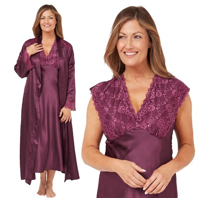 Matching Plain Purple Satin Lace Full Length Nightdress Nighty Wrap Kimono 18 20