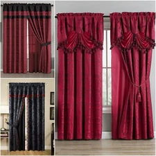 Chezmoi Collection 4-piece Black Red Jacquard Window Curtain Set Panels Valance
