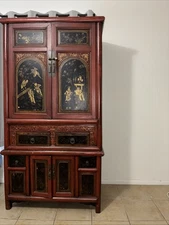 Antique Chinese Red & Gold Animal Painting Tall Cabinet