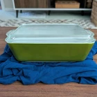 Vintage Pyrex Verde Avocado Olive Green 1.5 QT Refrigerator Dish w/ Original Lid
