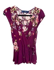 Blue Rain Purple Floral V-Neck Wrap Dress Tie Waist Cap Sleeve Short Size S