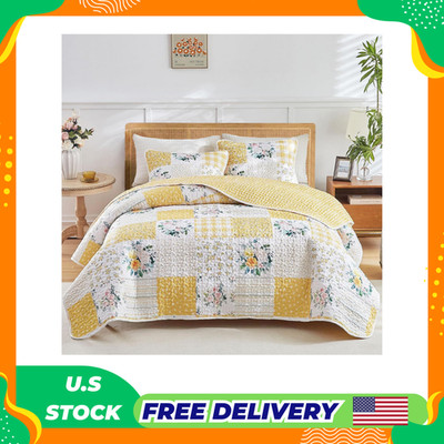 3 Pieces Floral Patchwork Quilt Set Queen, Yellow n White Flowers Design, Soft