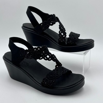Skechers Cali Rumblers Wedge Sandals Women 8 Black Beaded Scalloped Boho Summer