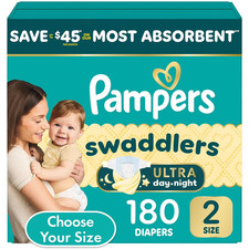 Pampers Size 2 Swaddlers Ultra Day Night Diapers 180 Count Most Absorbent USA 0.42 per diaper