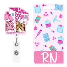 RN Badge Reel and Buddy, Pink Retractable ID Holder Vertical, Pink rn