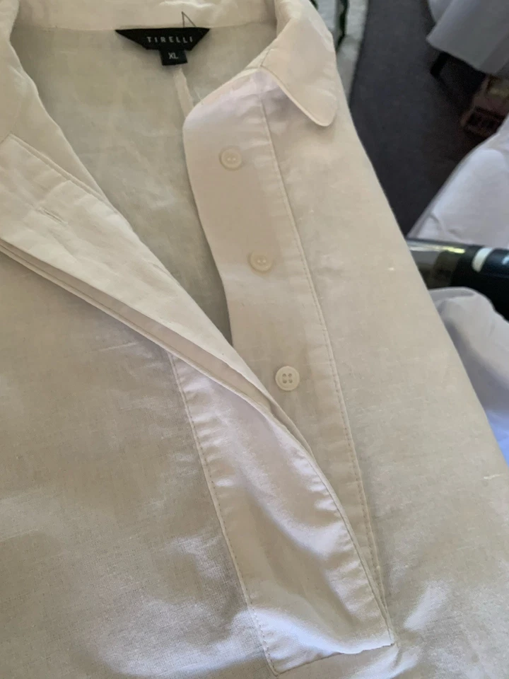 Tirelli Size XL Oversized White Collared Cotton/Ramie S/Sleeves Top Preowned