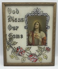 Vintage God Bless Our Home Foil Reverse Painting Picture Jesus roses 11.75 x 9.8