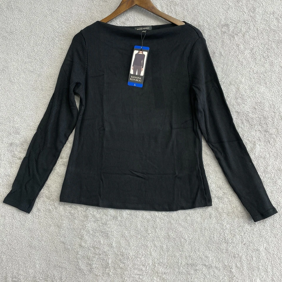 NUEVO Top Banana Republic Para Mujer L Manga Larga Negro Acanalado Tejido Cuello Barco Foto 4 de 4