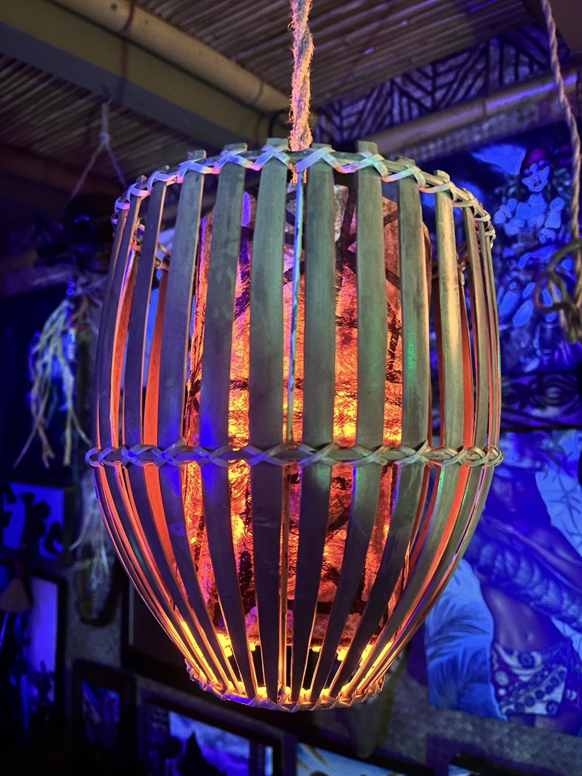 NEW Retro Basket Lamp W/ Real Tapa Cloth Wrap Oceanic Flame Bulb