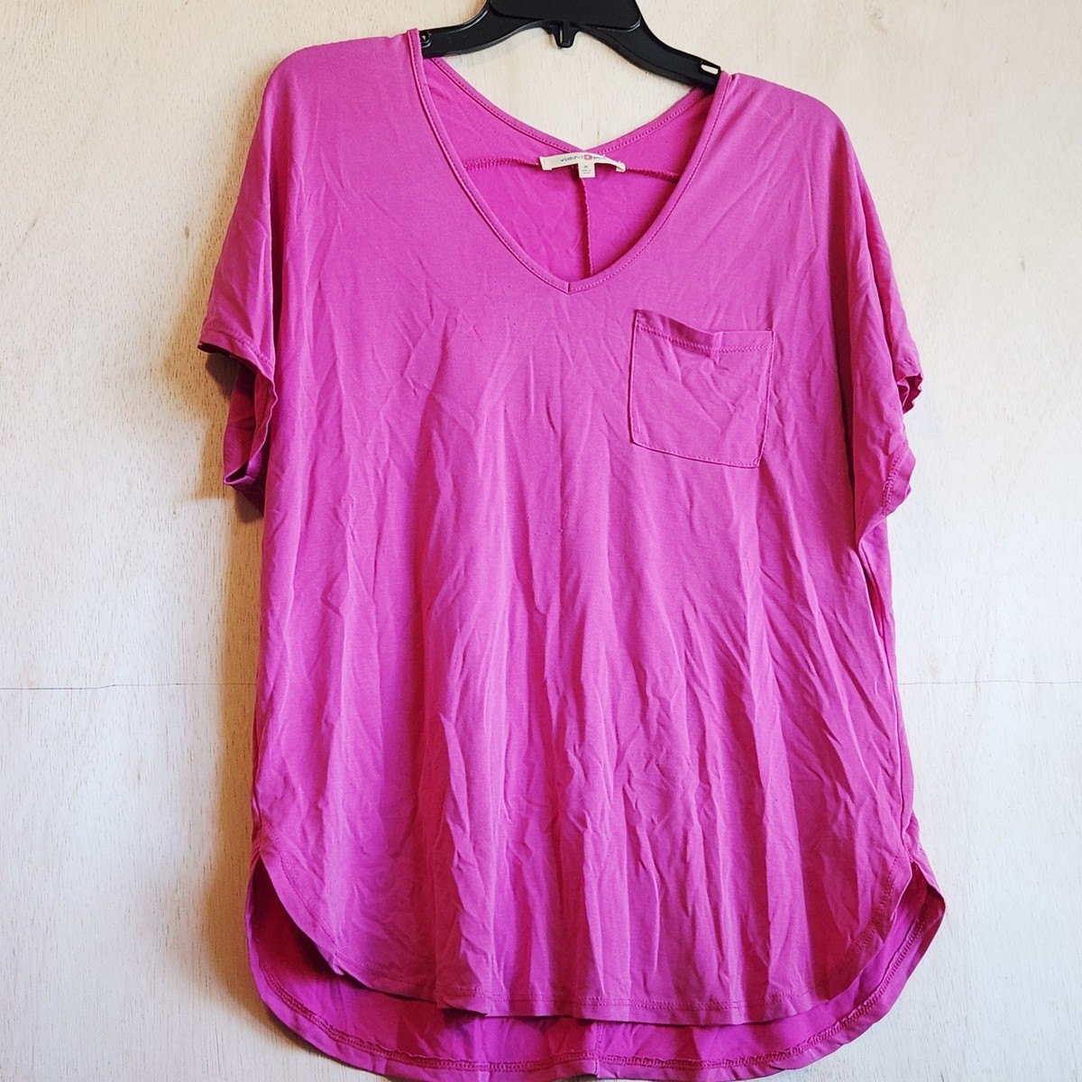 Wishful Park Magenta Pink V-Neck Petal Sleeve Pocket T-Shirt