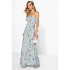 Boohoo Off The Shoulder Floral Maxi Dress Size 6 Light Blue Floral Print