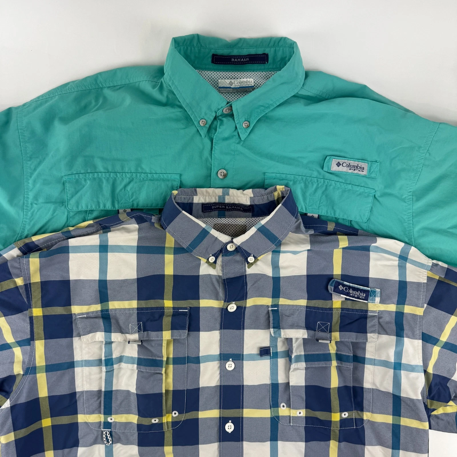 Columbia Mens Large PFG Vented Fishing Shirts LOT OF 2 Super Bahama Nylon Shell