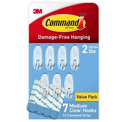 Medium Clear Wall Hook, 7 Wall Hook and 12 Strips, Damage-Free Hanging with A...