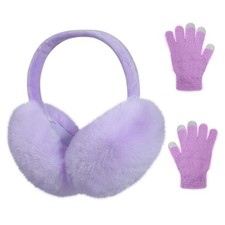 Women's Winter Foldable Warm Plush Ear Muffs and Gloves Set - Light Purple