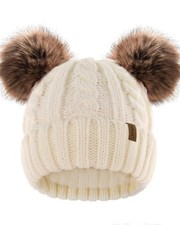 Toddler Winter Hat, Knitted Beanie, Double Faux Fur Pom Poms, Warm, Soft