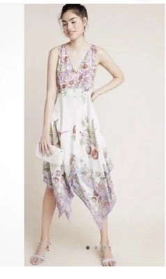 Anthropologie 2 Analise Floral Midi Dress Bird Handkerchief  Ivory Purple New