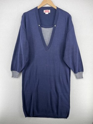 FALL RIVER KNITTING MILLS Dress L Sweater Shift Midi Sailor Cotton Blue USA VTG