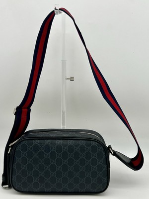 Gucci Small GG Supreme Crossbody Camera Bag Black Monogram Canvas Leather 