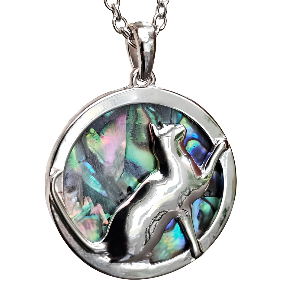 Cat Abalone Pendant Necklace Playful Cat 18"" Chain Paua Shell Ladies Jewellery