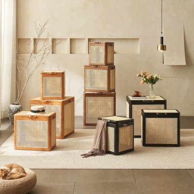 Storage Box Stool Wood Stool With Storage Solid Wood Rattan