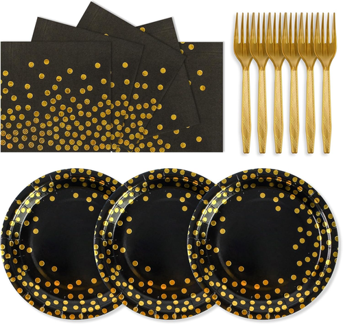 75PCS Paper Plates and Napkins Set - Black and Gold Dot Disposable Party Dinnerw