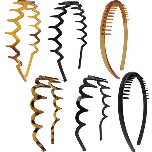 6 Assorted Black Coffee Plastic Zig Zag Shark Tooth Comb Headband Hoop Hair Band