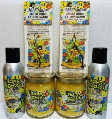 Smoke odor Happy Daze Two 13 oz Jar Candles Two 7 oz Spray & Two Car Hangers