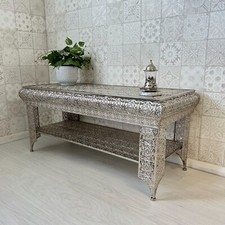 Silver Coffee Table With Shelf Embossed Metal Moroccan Style (GZ418)